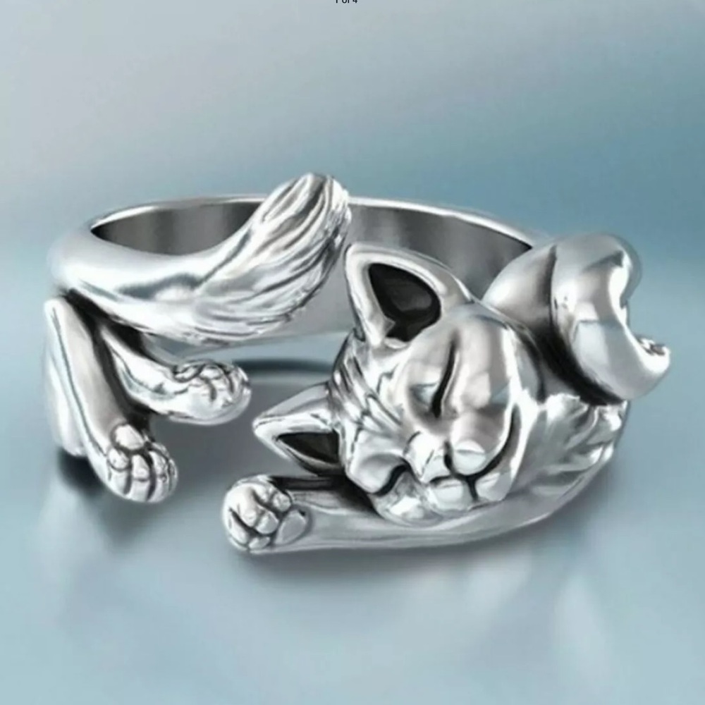 Super Cute 925 Silver Stamped Kitty Wrap Around Ring!